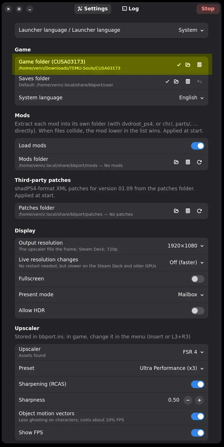 Linux bbport launcher with the Game folder field highlighted