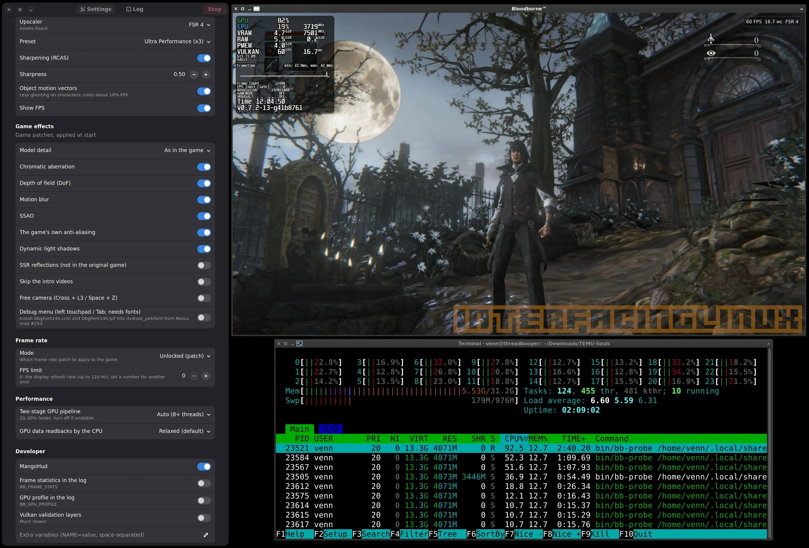 Bloodborne running in a Linux window beside the bbport launcher